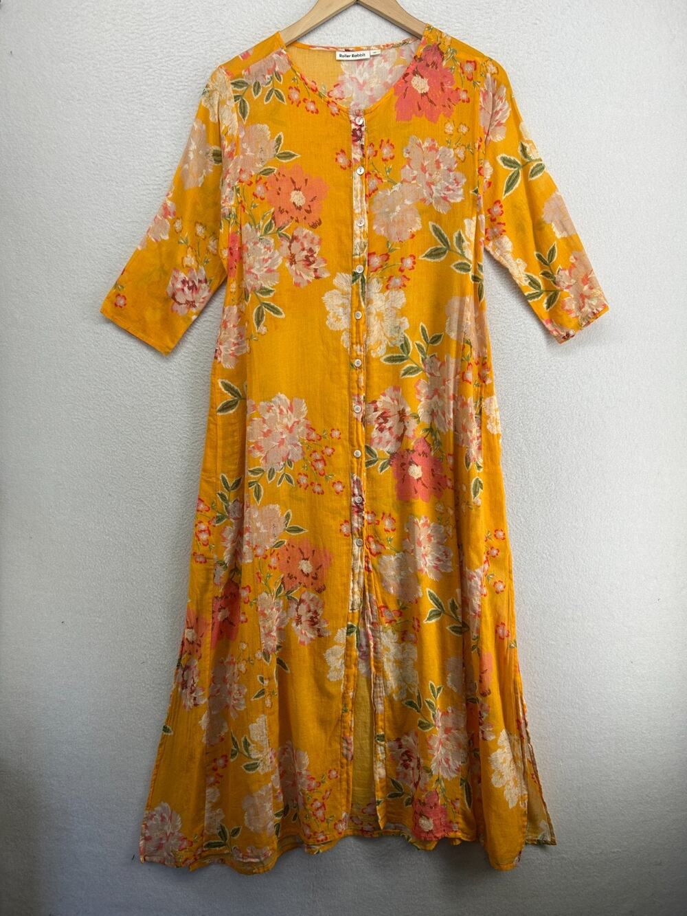 ROLLER RABBIT Dress XS Amanda Anu Long Kurta Maxi Floral Voile Cotton Orange